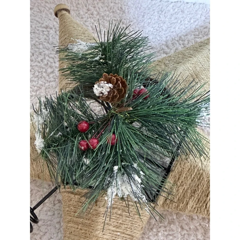 Rustic Jute Twine Star Christmas Tree Topper Pinecone Berries Farmhouse Decor